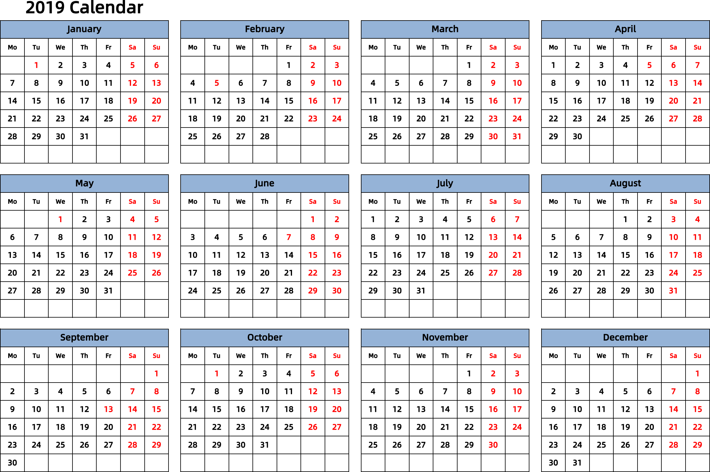 日历表2019年日历 英文版 横向排版 周一开始 带节假日调休安排